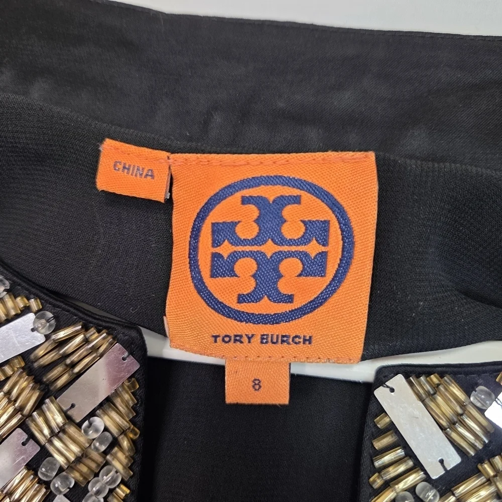 Tory Burch Black Embellished Shift Dress Size 8 Long Sleeve Beaded Neckline